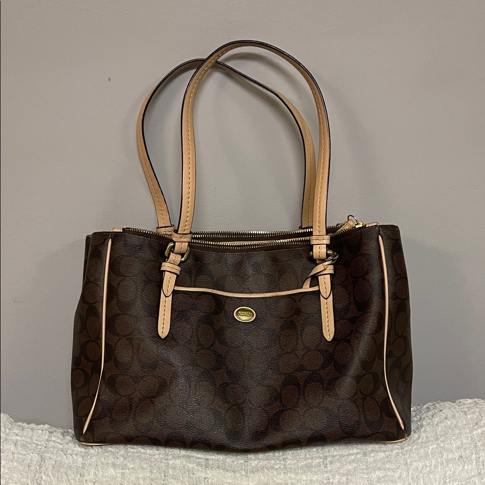 Coach Dark Brown Signature Tote with Tan Trim